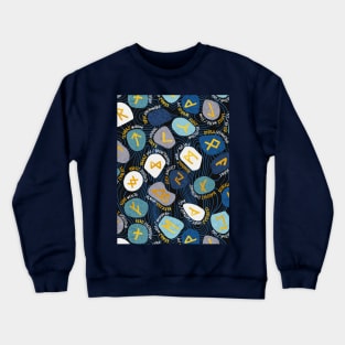 Mystical Viking Runes // pattern // black background blue grey and teal stones golden letters of the runic alphabet Crewneck Sweatshirt